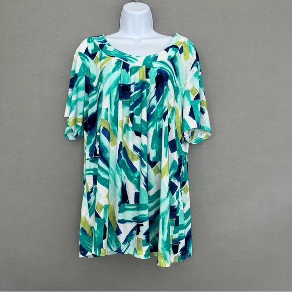 JM Collection Blue Green Abstract Textured Short Sleeve Blouse NWOT - Picture 1 of 11
